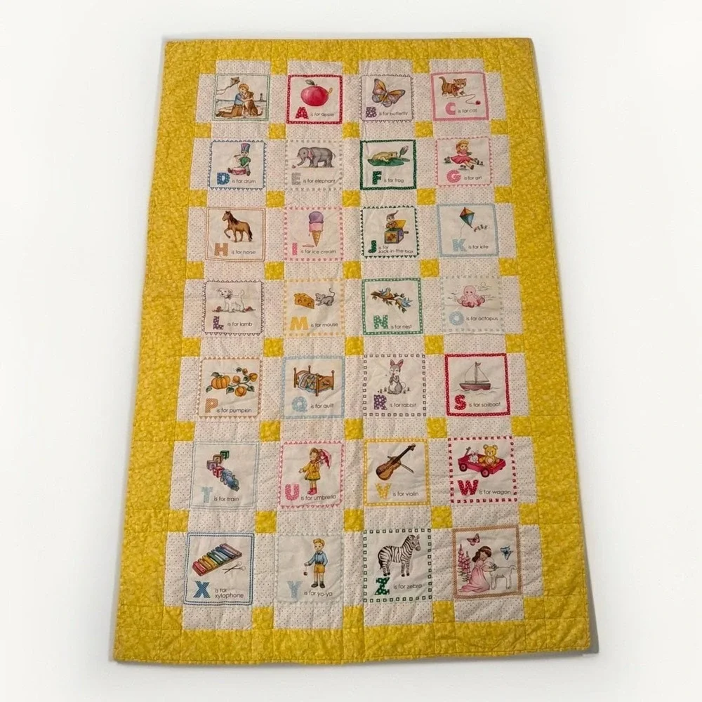 Handmade Children's Alphabet Yellow White Quilt Squares Handprint Back 48.5